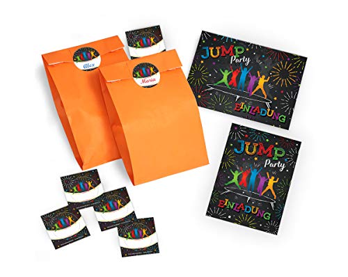 JuNa-Experten 12 Einladungskarten Kindergeburtstag Jump Trampolin Mädchen Junge incl. 12 Umschläge, 12 Tüten / orange, 12 Aufkleber von JuNa-Experten