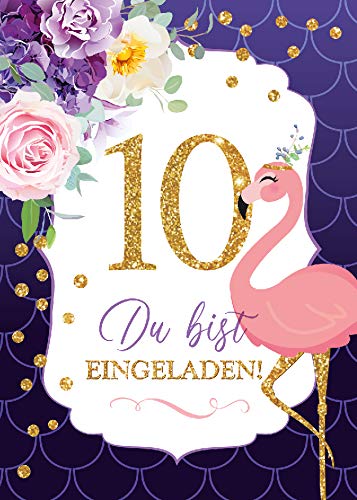 JuNa-Experten 12 Einladungskarten zum 10. Kindergeburtstag Mädchen Flamingo Einladungen zum zehnten Geburtstag von JuNa-Experten