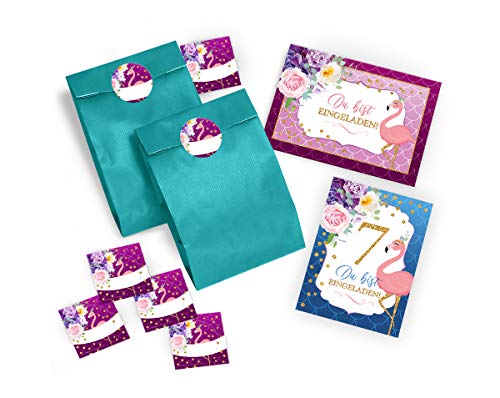JuNa-Experten 12 Einladungskarten zum 7. Kindergeburtstag Mädchen Flamingo Einladungen zum siebten Geburtstag incl. 12 Umschläge, 12 Tüten / blau, 12 Aufkleber von JuNa-Experten