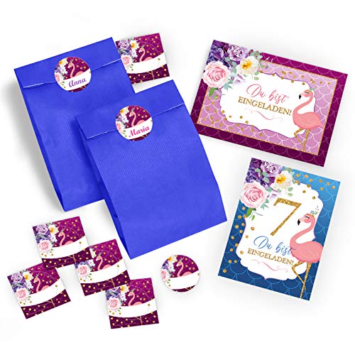 JuNa-Experten 12 Einladungskarten zum 7. Kindergeburtstag Mädchen Flamingo Einladungen zum siebten Geburtstag incl. 12 Umschläge, 12 Tüten / dunkelblau, 12 Aufkleber von JuNa-Experten