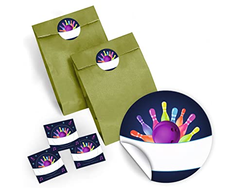 JuNa-Experten 12 Geschenktüten/grün + 12 Aufkleber Bowling neon für Geschenke Mitgebseln beim Kindergeburtstag/Papierbeutel für Gastgeschenk mit Sticker von JuNa-Experten