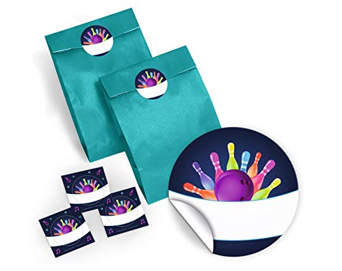 JuNa-Experten 12 Geschenktüten/blau + 12 Aufkleber Bowling neon für Geschenke Mitgebseln beim Kindergeburtstag/Papierbeutel für Gastgeschenk mit Sticker von JuNa-Experten