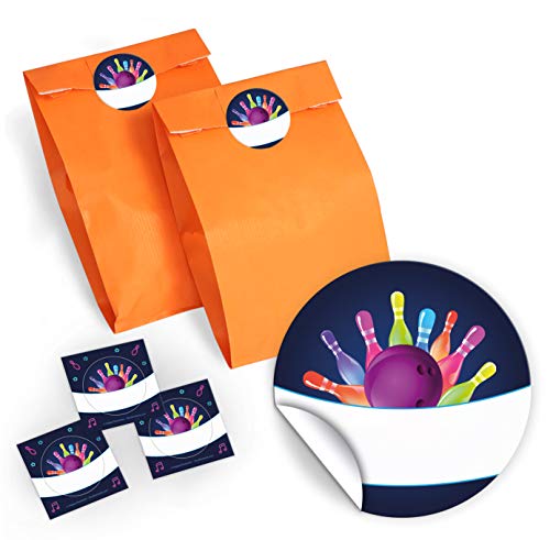 JuNa-Experten 12 Geschenktüten/orange + 12 Aufkleber Bowling neon für Geschenke Mitgebseln beim Kindergeburtstag/Papierbeutel für Gastgeschenk mit Sticker von JuNa-Experten