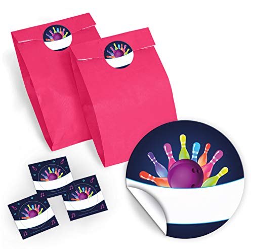 JuNa-Experten 12 Geschenktüten/pink + 12 Aufkleber Bowling neon für Geschenke Mitgebseln beim Kindergeburtstag/Papierbeutel für Gastgeschenk mit Sticker von JuNa-Experten