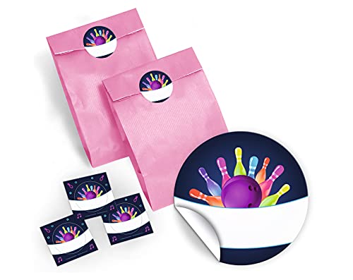 JuNa-Experten 12 Geschenktüten/Hellrosa + 12 Aufkleber Bowling neon für Geschenke Mitgebseln beim Kindergeburtstag/Papierbeutel für Gastgeschenk mit Sticker von JuNa-Experten