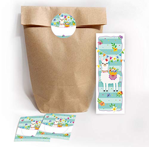 JuNa-Experten 12 Lesezeichen + 12 Geschenktüten/Natur + 12 Aufkleber Lama Mitgebsel Gastgeschenk beim Kindergeburtstag Mädchen von JuNa-Experten