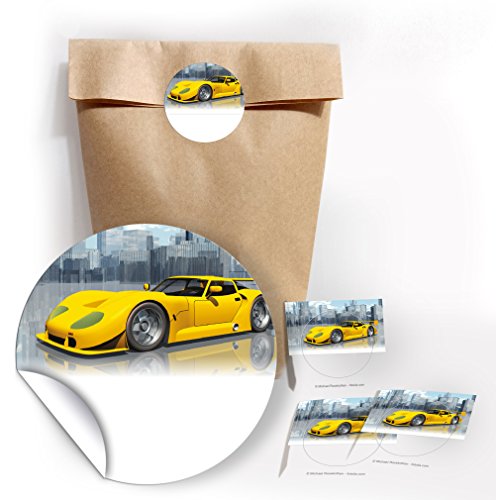 JuNa-Experten 12 Party-Tüten mit 12 Aufkleber für Geschenke oder Mitgebseln beim Kindergeburtstag mit dem Motiv Rennauto / Geburtstag / Kinderfest / Papier-Tüten für Geschenkverpackung von JuNa-Experten