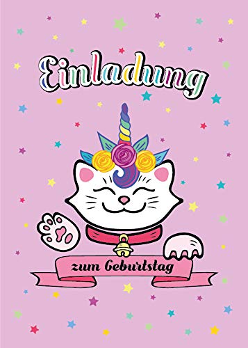 JuNa-Experten 6 Einladungskarten Geburtstag Kinder Mädchen Einhorn Katze / Einladung Kindergeburtstag / Geburtstagseinladung von JuNa-Experten