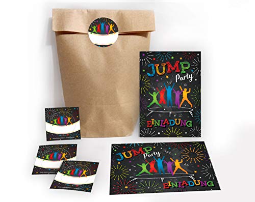 JuNa-Experten 6 Einladungskarten Kindergeburtstag Jump Trampolin Mädchen Junge incl. 6 Umschläge, 6 Tüten / Natur, 6 Aufkleber von JuNa-Experten