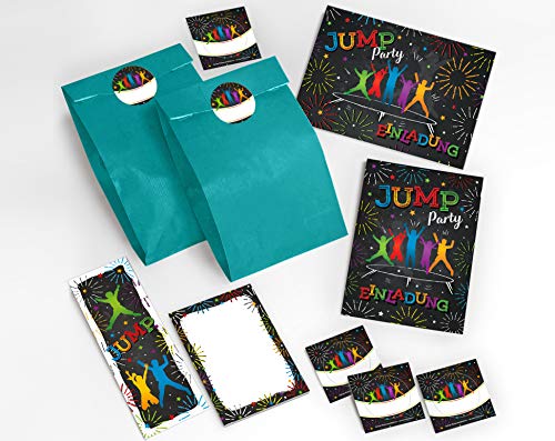 JuNa-Experten 6 Einladungskarten Kindergeburtstag Jump Trampolin Mädchen Junge incl. 6 Umschläge, 6 Tüten/blau, 6 Aufkleber, 6 Lesezeichen, 6 Blöcke von JuNa-Experten