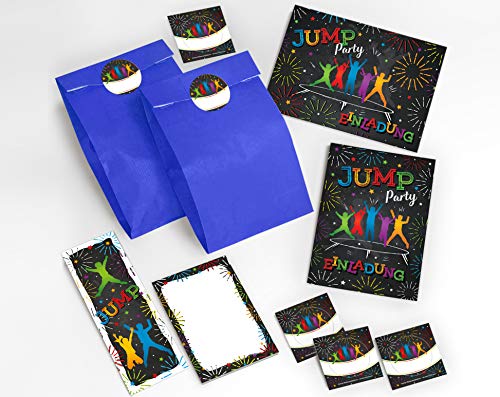 JuNa-Experten 6 Einladungskarten Kindergeburtstag Jump Trampolin Mädchen Junge incl. 6 Umschläge, 6 Tüten/dunkelblau, 6 Aufkleber, 6 Lesezeichen, 6 Blöcke von JuNa-Experten