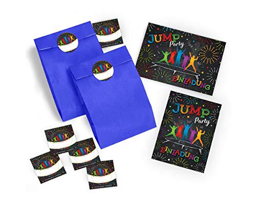 JuNa-Experten 6 Einladungskarten Kindergeburtstag Jump Trampolin Mädchen Junge incl. 6 Umschläge, 6 Tüten /dunkelblau, 6 Aufkleber von JuNa-Experten
