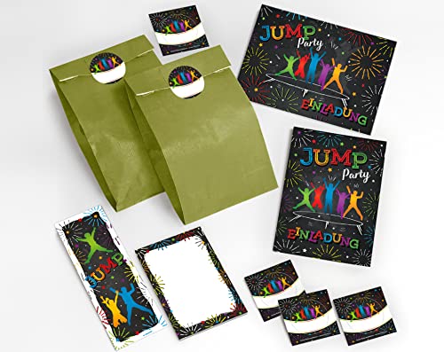 JuNa-Experten 6 Einladungskarten Kindergeburtstag Jump Trampolin Mädchen Junge incl. 6 Umschläge, 6 Tüten/grün, 6 Aufkleber, 6 Lesezeichen, 6 Blöcke von JuNa-Experten