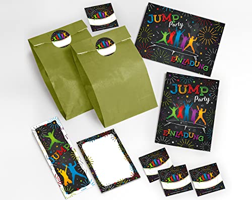 JuNa-Experten 6 Einladungskarten Kindergeburtstag Jump Trampolin Mädchen Junge incl. 6 Umschläge, 6 Tüten / grün, 6 Aufkleber, 6 Lesezeichen, 6 Blöcke JuNa-Experten 6 Einladungskarten Kindergeburtstag Jump Trampolin Mädchen Junge incl. 6 Umschläge, 6 Tüten / grün, 6 Aufkleber, 6 Lesezeichen, 6 Blöcke von JuNa-Experten