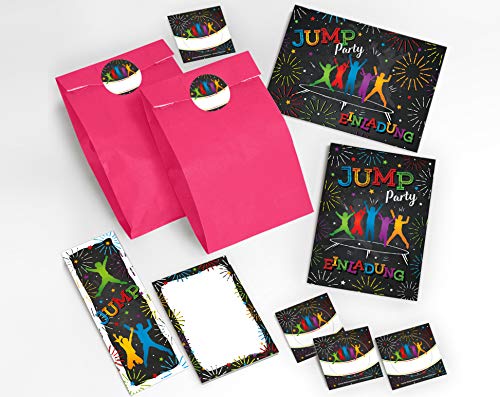 JuNa-Experten 6 Einladungskarten Kindergeburtstag Jump Trampolin Mädchen Junge incl. 6 Umschläge, 6 Tüten/rosa, 6 Aufkleber, 6 Lesezeichen, 6 Blöcke von JuNa-Experten