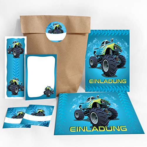 JuNa-Experten 6 Einladungskarten Kindergeburtstag Jungen Jungs Monster-Truck/Auto/incl. 6 Umschläge, 6 Party-Tüten/Natur, 6 Aufkleber, 6 Lesezeichen, 6 Mini-Notizblöcke von JuNa-Experten