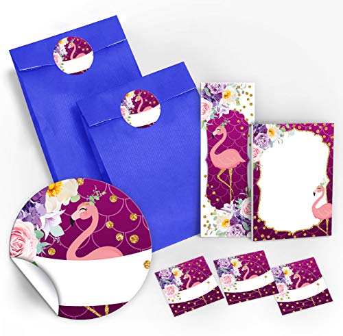 JuNa-Experten 6 Lesezeichen + 6 Mini-Notizblöcke + 6 Geschenktüten/dunkelblau + 6 Aufkleber Flamingo Mitgebsel Gastgeschenk beim Kindergeburtstag Mädchen von JuNa-Experten