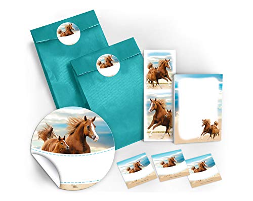 JuNa-Experten 6 Lesezeichen + 6 Mini-Notizblöcke + 6 Geschenktüten / blau + 6 Aufkleber Zwei Pferde Mitgebsel Gastgeschenk beim Kindergeburtstag Mädchen von JuNa-Experten