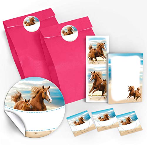 JuNa-Experten 6 Lesezeichen + 6 Mini-Notizblöcke + 6 Geschenktüten / rosa + 6 Aufkleber Zwei Pferde Mitgebsel Gastgeschenk beim Kindergeburtstag Mädchen von JuNa-Experten