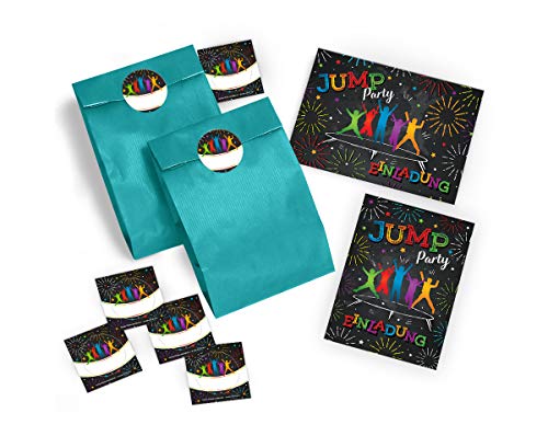 JuNa-Experten 8 Einladungskarten Kindergeburtstag Jump Trampolin Mädchen Junge incl. 8 Umschläge, 8 Tüten/blau, 8 Aufkleber von JuNa-Experten