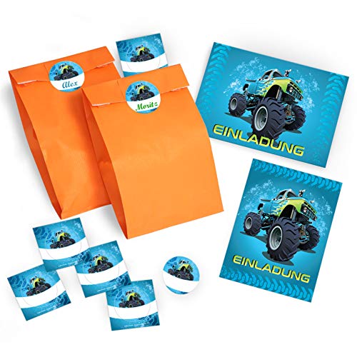 JuNa-Experten 8 Einladungskarten Kindergeburtstag Monstertruck / Monster-Truck / Auto / Einladungen zum Geburtstag für Jungen Jungs incl. 8 Umschläge, 8 Tüten / orange, 8 Aufkleber von JuNa-Experten