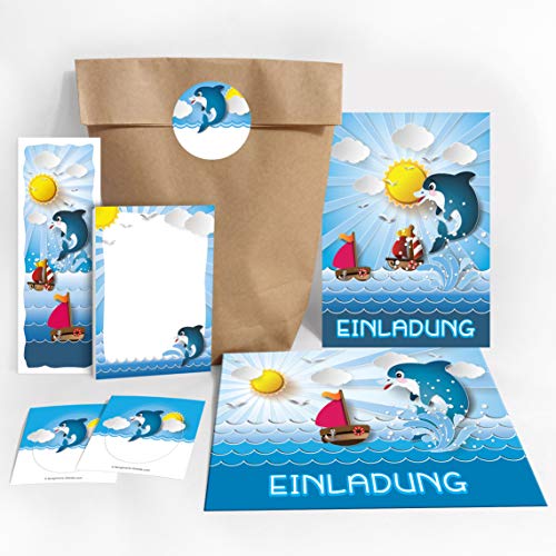 JuNa-Experten 8 Einladungskarten zum Kindergeburtstag Delfin für Mädchen und Jungen/Schwimmbad/incl. 8 Umschläge, 8 Tüten/Natur, 8 Aufkleber, 8 Lesezeichen, 8 Blöcke von JuNa-Experten