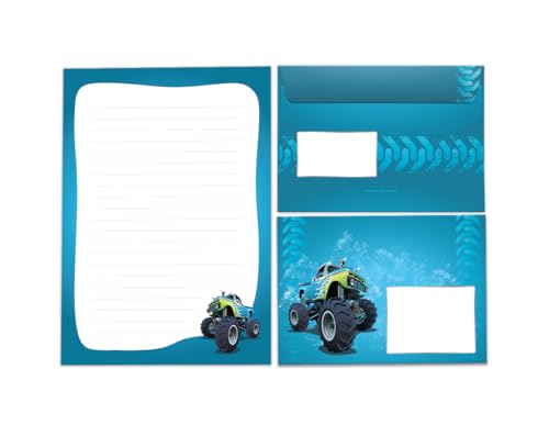 JuNa-Experten Briefpapier-Set Briefblock mit Umschlag für Jungen Jungs Kinder Monster-Truck Auto Kindermotiv Briefbögenblock liniert (Block A5 mit 25 Blätter + 15 Umschläge) von JuNa-Experten