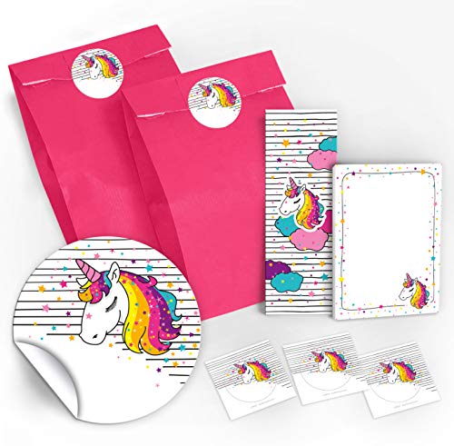 Mitgebsel Kindergeburtstag 12 Geschenktüten + 12 Aufkleber + 12 Lesezeichen + 12 Mini-Notizblöcke Einhorn Unicorn / Gastgeschenk für Kinder Mädchen Geburtstag Party-Zubehör Giveaways Tiere von JuNa-Experten