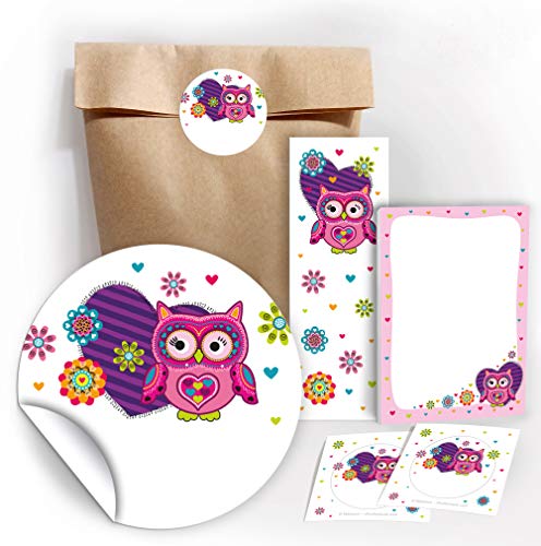 JuNa Party-Experten 12 Geschenktüten/Natur + 12 Aufkleber + 12 Lesezeichen + 12 Mini-Notizblöcke Eule/Mitgebsel Gastgeschenk für Kinder Mädchen beim Kindergeburtstag Geburtstag Hochzeit Taufe von JuNa Party-Experten