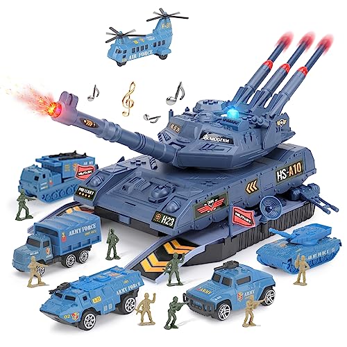 JuanKidbo Armee-Panzerspielzeug-Set für Jungen, Raketenwerfer, 6 Packungen Druckguss-Armee-Fahrzeugspielzeug & 8 Soldatenfiguren, Armee-Spielzeug mit Licht & Sound für 3-8 Jahre alte Jungen, Kinder von JuanKidbo
