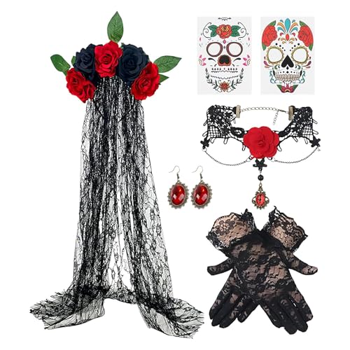 Jubepk Day Of The Dead Kostüm,Totenkostüm Halskette Kopfschmuck Set - Spitzenhandschuhe Schleier Ohrringe Halskette Kostüm Dekoration Für Frauen Erwachsene Cosplay Maskerade Bühnenauftritt Party von Jubepk
