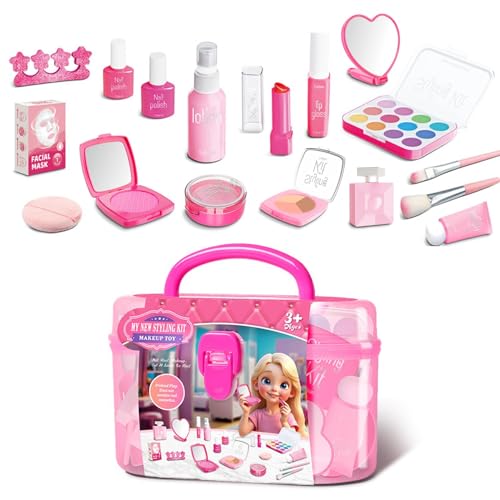 Pretend Play Makeup Toys, Little Girl Princess Makeup Play House Kit, Edutainment Cosmetic Set 7.48x3.94x5.12 inches for Children's Day, Birthday, Brown, Pink, Blue von Jubepk