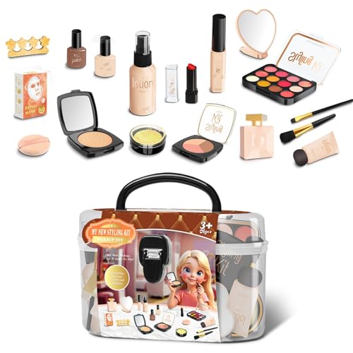 Pretend Play Makeup Toys, Little Girl Princess Makeup Play House Kit, Edutainment Cosmetic Set 7.48x3.94x5.12 inches for Children's Day, Birthday, Brown, Pink, Blue von Jubepk