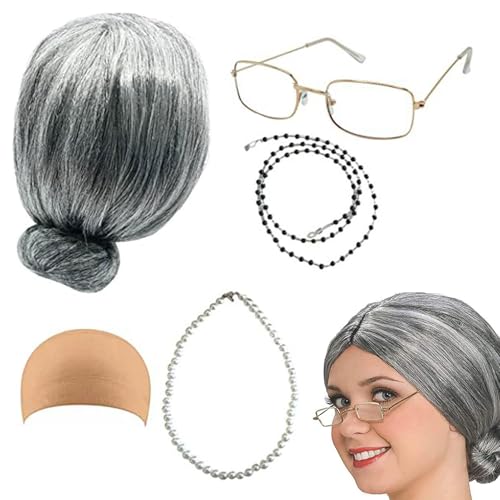 Jubilofex Kinder Alte Dame Perücke,100. Schultag Alte Dame Kostüm | 5 Stück graue Perücke, Brille mit Kette, Perückenkappe, Halskette für Halloween-Kostüme zum 100. Schultag Jubilofex Kinder Alte Dame Perücke,100. Schultag Alte Dame Kostüm | 5 Stück graue Perücke, Brille mit Kette, Perückenkappe, Halskette für Halloween-Kostüme zum 100. Schultag von Jubilofex