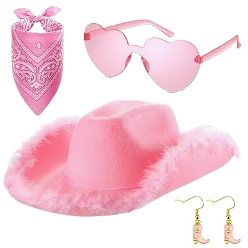 Jubilofex Pink Kostüm Cowboyhut, 4x Pink Cowboy Kostüm Frauen Erwachsene Hut, Brille Bandana und Ohrringe inklusive Rollenspiel Cowgirl Hat mit Plüsch für Fotografie Jubilofex Pink Kostüm Cowboyhut, 4x Pink Cowboy Kostüm Frauen Erwachsene Hut, Brille Bandana und Ohrringe inklusive Rollenspiel Cowgirl Hat mit Plüsch für Fotografie von Jubilofex