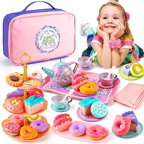 Juboury Teeservice Kinder, Kinderküche Zubehör Puppengeschirr Teeparty Rollenspiele Spielküche Zubehör Einhorn Spielzeug Geschenk für Kinder Mädchen von Juboury