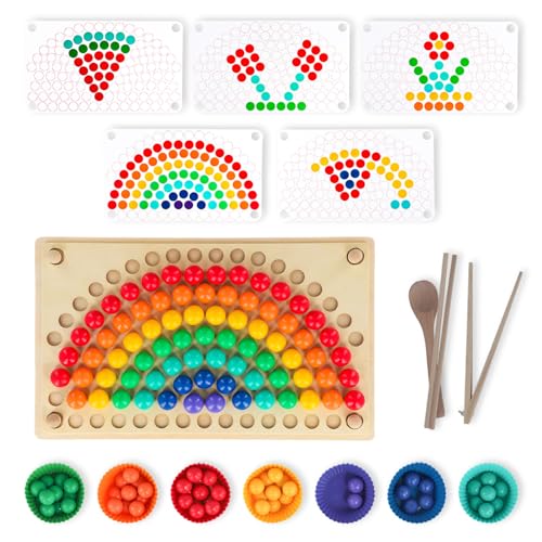 Holz Clip Beads Brettspiel, Holz Montessori Spielzeug ab 2 3 4, Rainbow Bead Game Kinder Vorschule Farben Sortier Stapelspielzeug für Kinder Mädchen Jungen von Judavry