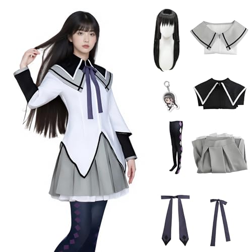 Juejuezi Madoka Magica Cosplay-Uniform für Damen, Homuras, Akemi-Outfit, Magi-Kostüm, Faltenrock mit Socken, Halloween, Grau-A, 3XL von Juejuezi
