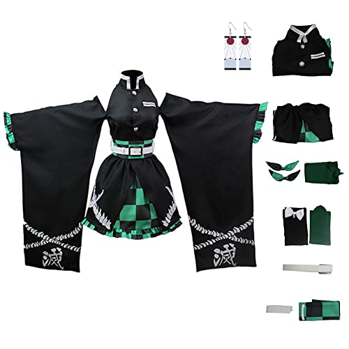 Juejuezi Zenitsu Tanjiro Cosplay Kostüm Anime Kimono Halloween Schulterfrei Rock Nezuko Shinobu Outfit mit Ohrringen (XXL, Grün) von Juejuezi