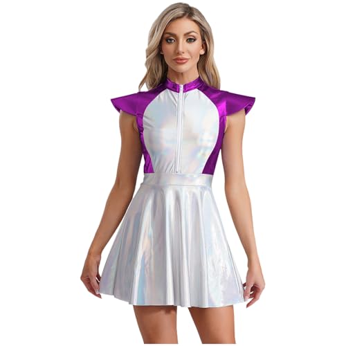 Jugaoge Damen Alien Kostüm Metallic Astronauten Kleid Kurzarm Skaterkleid mit Farbblock Ausgestellt Rock Halloween Cosplay Weltraum Outfit Violett M Jugaoge Damen Alien Kostüm Metallic Astronauten Kleid Kurzarm Skaterkleid mit Farbblock Ausgestellt Rock Halloween Cosplay Weltraum Outfit Violett M von Jugaoge