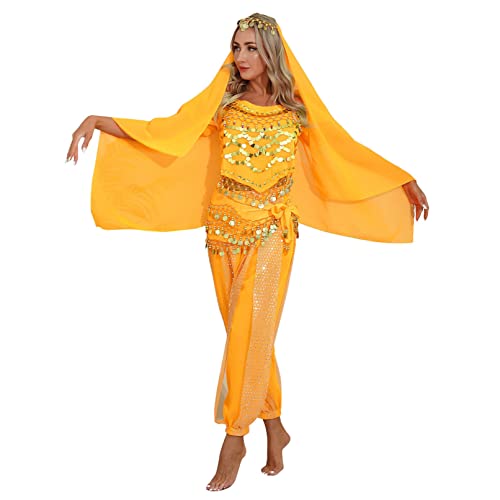 Jugaoge Damen Bauchtanz Kostüm Komplett Orient Professionelle Tanz Kleidung Set Prinzessin Tanzkostüm 4 Pcs Cosplay Motto Party Outfits Gelb Einheitsgröße von Jugaoge