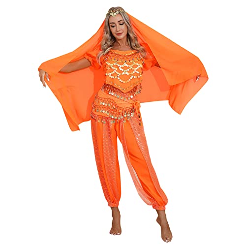 Jugaoge Damen Bauchtanz Kostüm Komplett Orient Professionelle Tanz Kleidung Set Prinzessin Tanzkostüm 4 Pcs Cosplay Motto Party Outfits Orange Einheitsgröße von Jugaoge