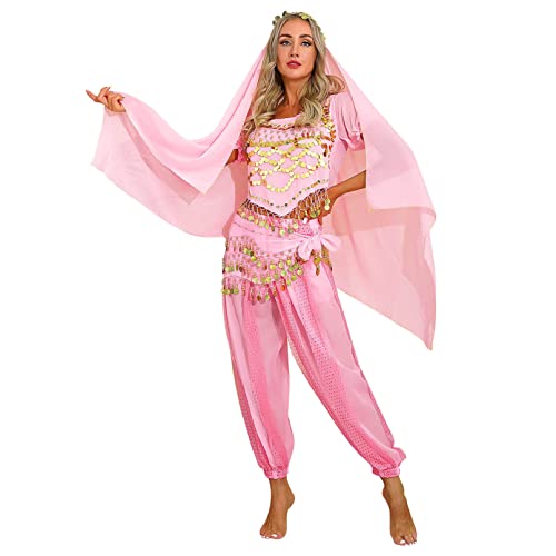 Jugaoge Damen Bauchtanz Kostüm Komplett Orient Professionelle Tanz Kleidung Set Prinzessin Tanzkostüm 4 Pcs Cosplay Motto Party Outfits Rosa Einheitsgröße von Jugaoge