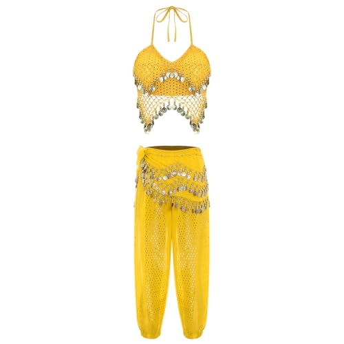 Jugaoge Damen Bauchtanz Kostüm Pailletten BH Neckholder Crop Top + Bloomers Baggy Pants + Hüfttuch mit Münzen Halloween Cosplay Motto Party Outfits Gelb XL von Jugaoge