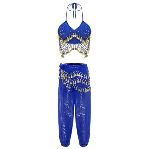 Jugaoge Damen Bauchtanz Kostüm Pailletten BH Neckholder Crop Top + Bloomers Baggy Pants + Hüfttuch mit Münzen Halloween Cosplay Motto Party Outfits Königsblau M von Jugaoge