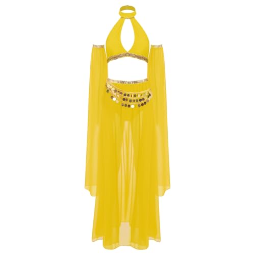 Jugaoge Damen Bauchtanz Kostüm Set Neckholder Crop Top und Rock mit Mesh Handschuhe Glockenärmel Orintische Prinzessin Tanzbekleidung Dancewear Gelb M von Jugaoge