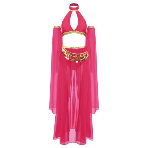 Jugaoge Damen Bauchtanz Kostüm Set Neckholder Crop Top und Rock mit Mesh Handschuhe Glockenärmel Orintische Prinzessin Tanzbekleidung Dancewear Hot Pink XXL Jugaoge Damen Bauchtanz Kostüm Set Neckholder Crop Top und Rock mit Mesh Handschuhe Glockenärmel Orintische Prinzessin Tanzbekleidung Dancewear Hot Pink XXL von Jugaoge