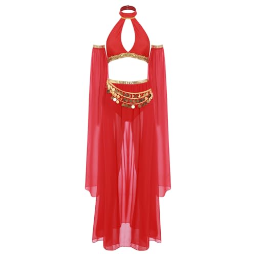 Jugaoge Damen Bauchtanz Kostüm Set Neckholder Crop Top und Rock mit Mesh Handschuhe Glockenärmel Orintische Prinzessin Tanzbekleidung Dancewear Rot XXL Jugaoge Damen Bauchtanz Kostüm Set Neckholder Crop Top und Rock mit Mesh Handschuhe Glockenärmel Orintische Prinzessin Tanzbekleidung Dancewear Rot XXL von Jugaoge