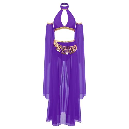Jugaoge Damen Bauchtanz Kostüm Set Neckholder Crop Top und Rock mit Mesh Handschuhe Glockenärmel Orintische Prinzessin Tanzbekleidung Dancewear Violett XXL Jugaoge Damen Bauchtanz Kostüm Set Neckholder Crop Top und Rock mit Mesh Handschuhe Glockenärmel Orintische Prinzessin Tanzbekleidung Dancewear Violett XXL von Jugaoge