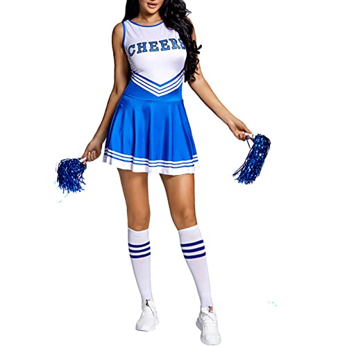 Jugaoge Damen Cheerleading Uniform Ärmellos Tanzkleid mit Pompons und Kniestrümpfe Sport Socken Cosplay Kostüm Komplett Set Halloween Outfits Blau L von Jugaoge